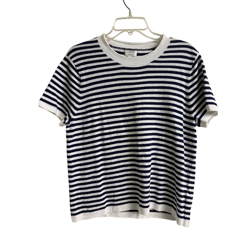 J.Crew Womens XL Navy Blue White Stripe Cotton Linen Short Sleeve Coastal Preppy